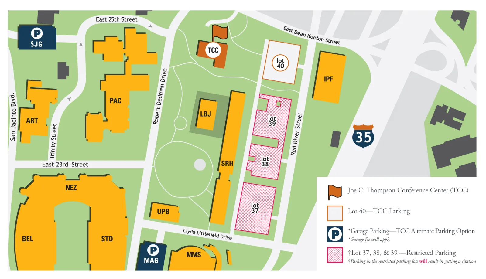 TCC Building Parking Map for UT OLLI members Thompson Conference Center Parking Map